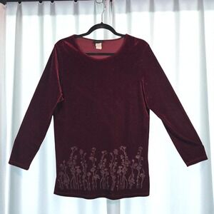 VTG Korica New York Velvet Top Woman Small Burgundy Silver sparkly Flowers Comfy